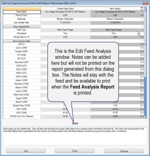 Edit feed analysis and add notes